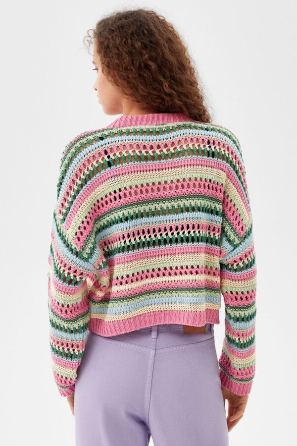 Multicolored Open-Knit Crewneck Sweater