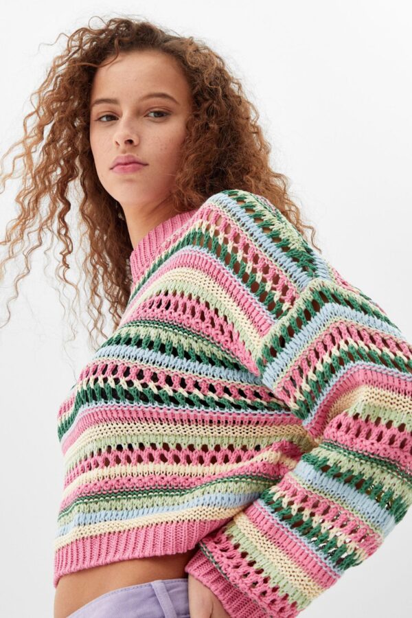Multicolored Open-Knit Crewneck Sweater