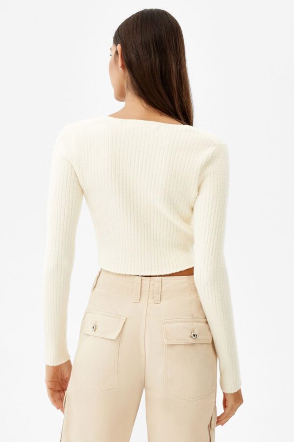 ribbed2 Ribbed V-Neck Cardigan With Rhinestone Detail