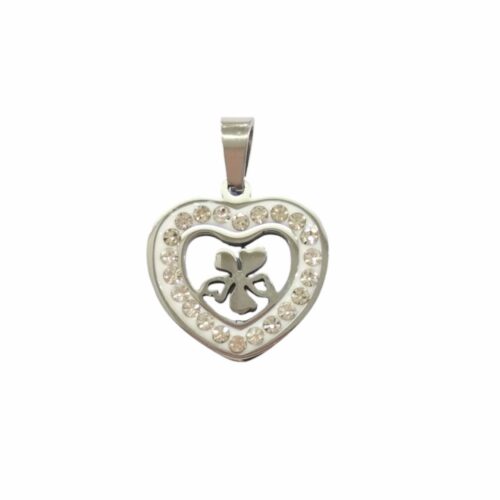 Dije AQ strass corazón c/trébol calado