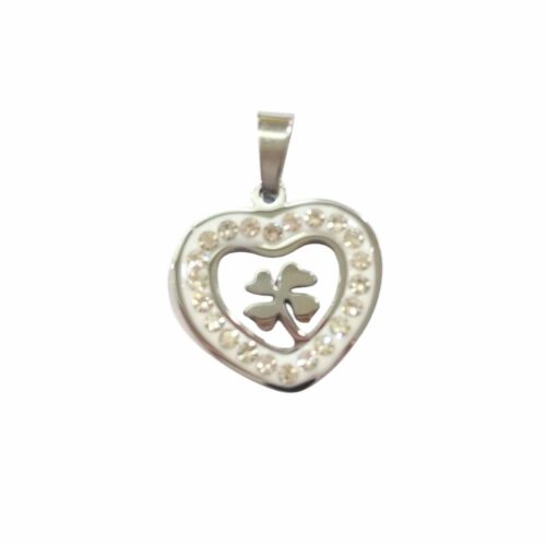 Dije AQ strass corazón c/trébol y cabito