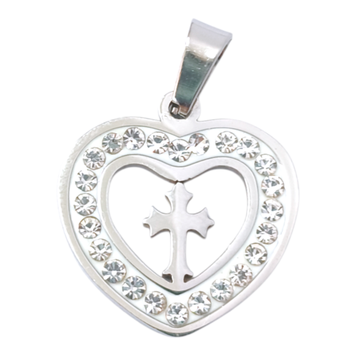 Dije AQ strass corazón cruz