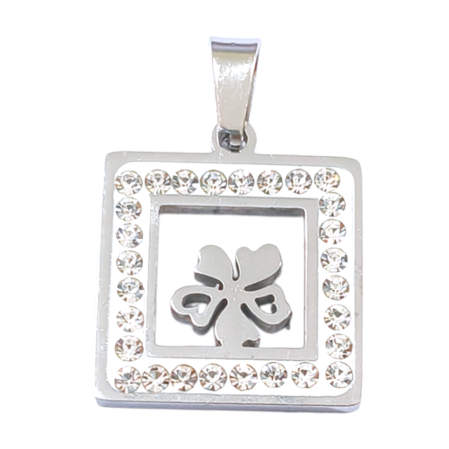 Dije AQ strass cuadrado trébol calado