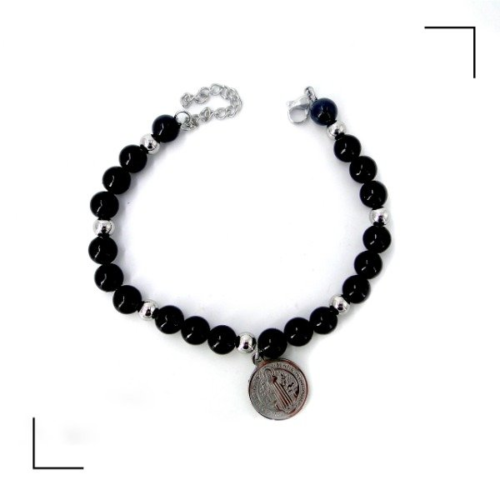 Pulsera AQ Perlas negra con dije San Benito